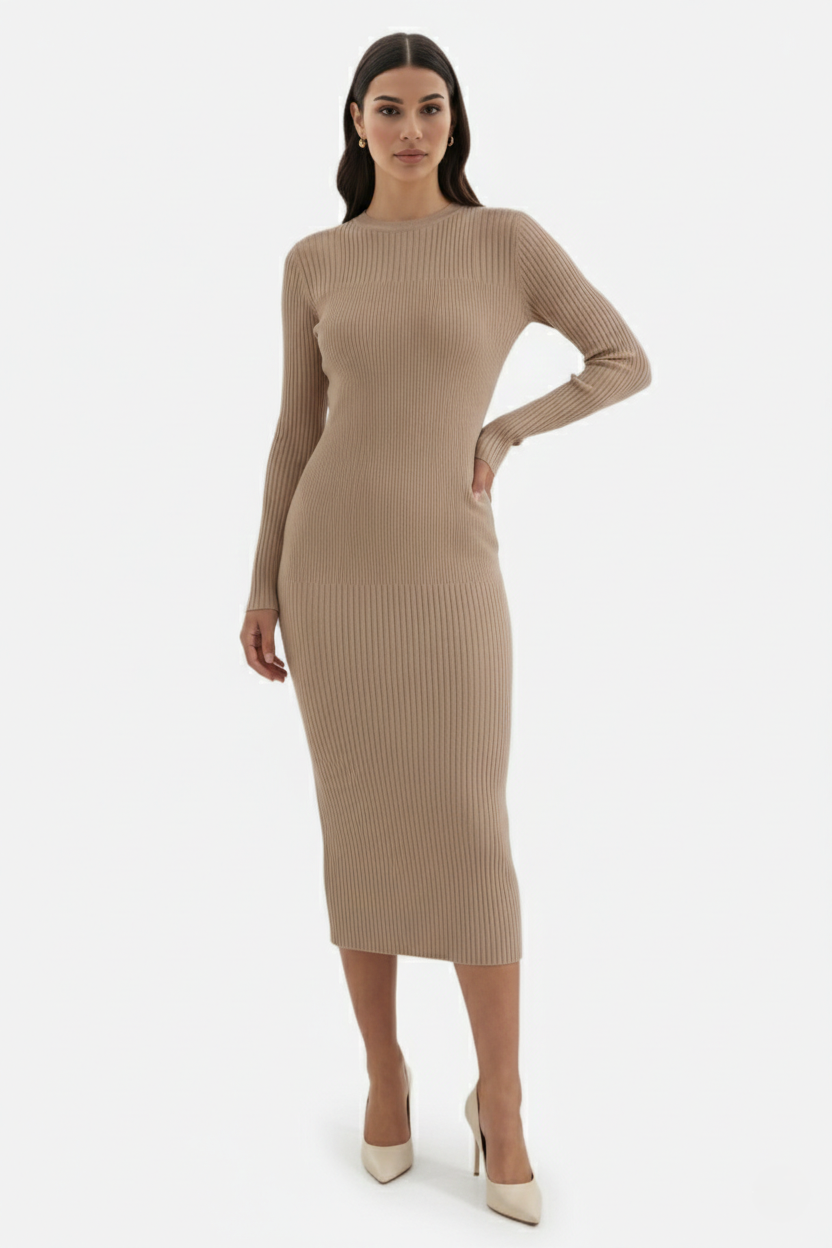 Bodycon Sweater Midi Dress Ribbed Knit Long Sleeve Crew Neck