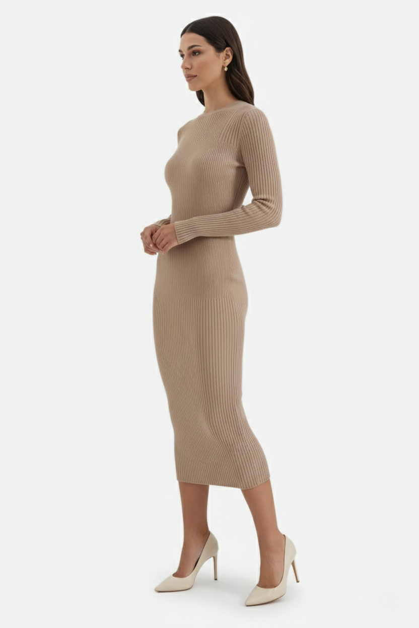 Bodycon Sweater Midi Dress Ribbed Knit Long Sleeve Crew Neck