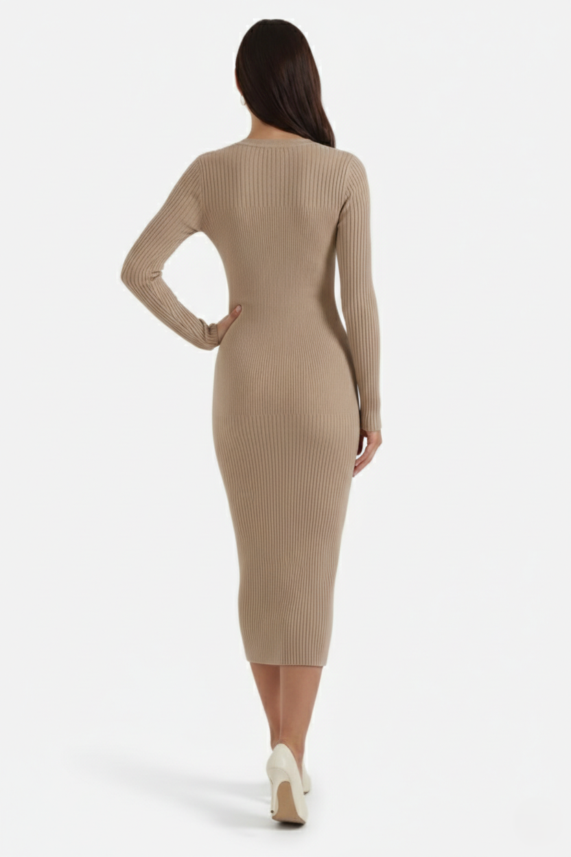 Bodycon Sweater Midi Dress Ribbed Knit Long Sleeve Crew Neck