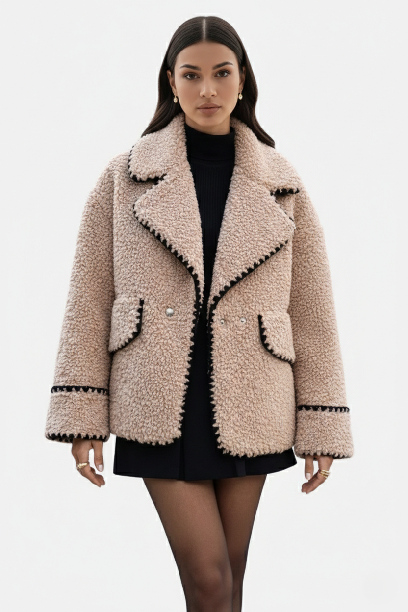 Faux Fur Sherpa Fleece Double Breasted Jacket Notched Lapel