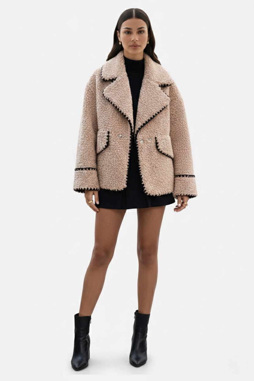 Faux Fur Sherpa Fleece Double Breasted Jacket Notched Lapel