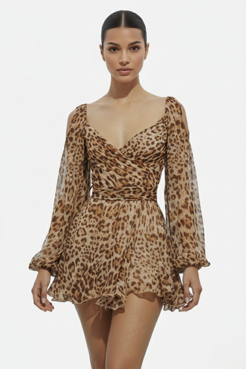 Chiffon Puff Sleeve Lace-Up Back Ruffle Mini Dress