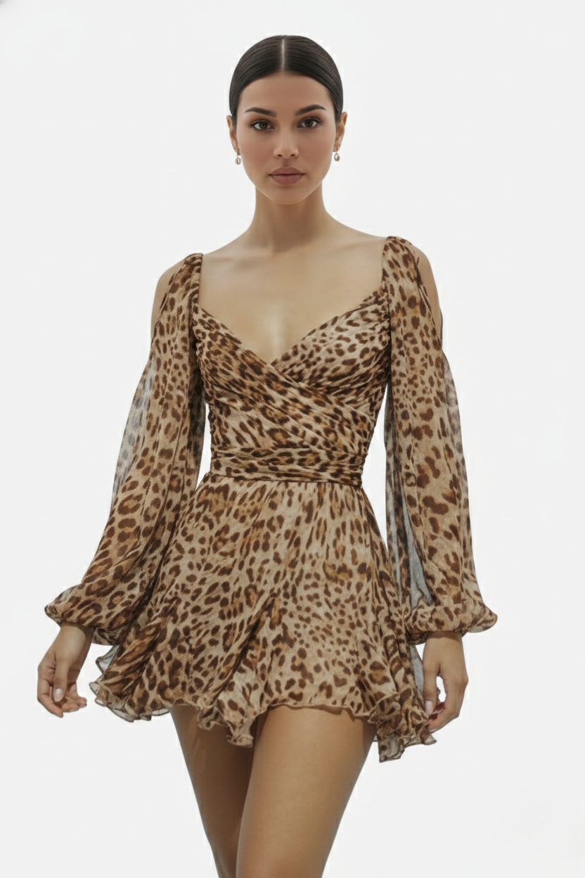 Chiffon Puff Sleeve Lace-Up Back Ruffle Mini Dress