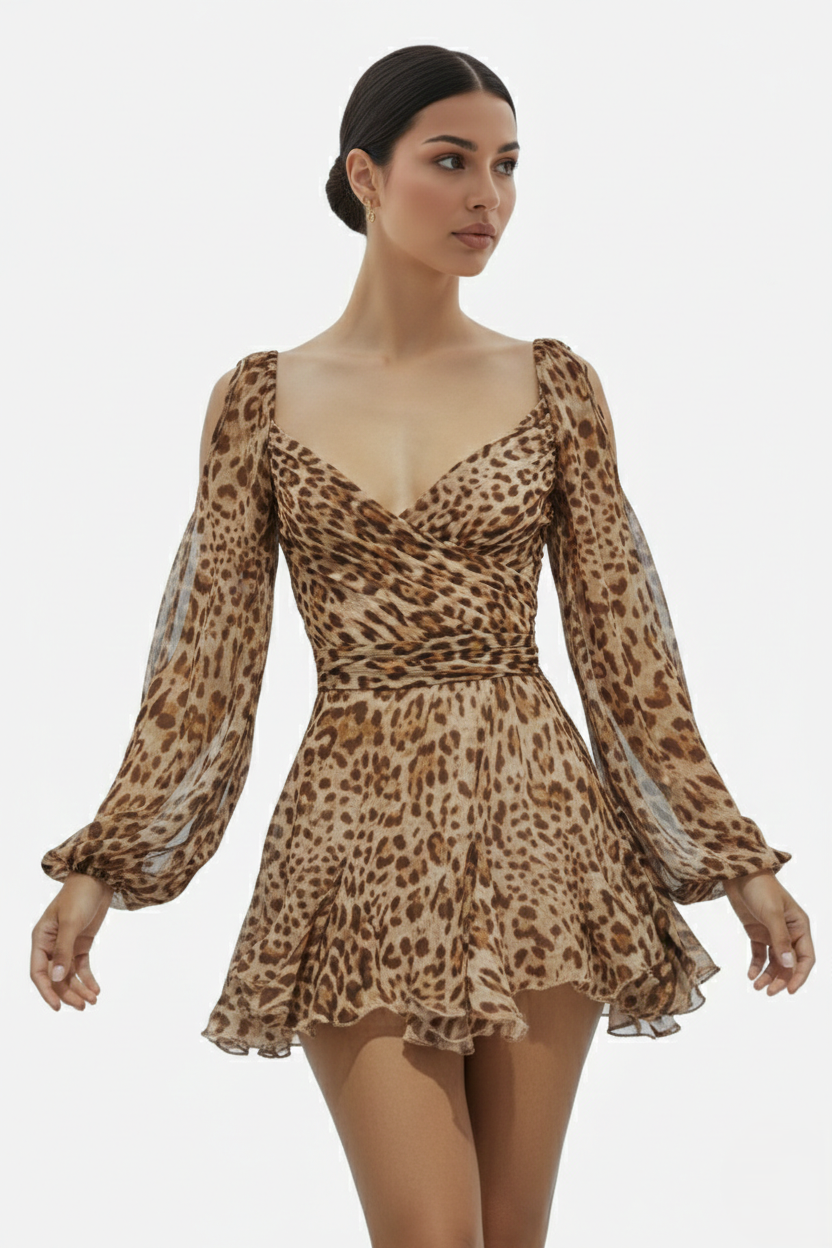 Chiffon Puff Sleeve Lace-Up Back Ruffle Mini Dress