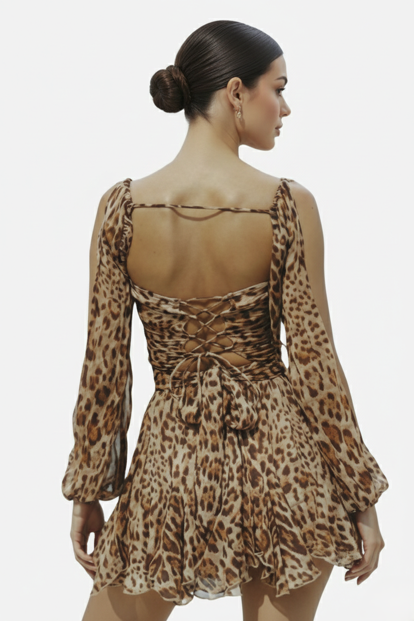 Chiffon Puff Sleeve Lace-Up Back Ruffle Mini Dress