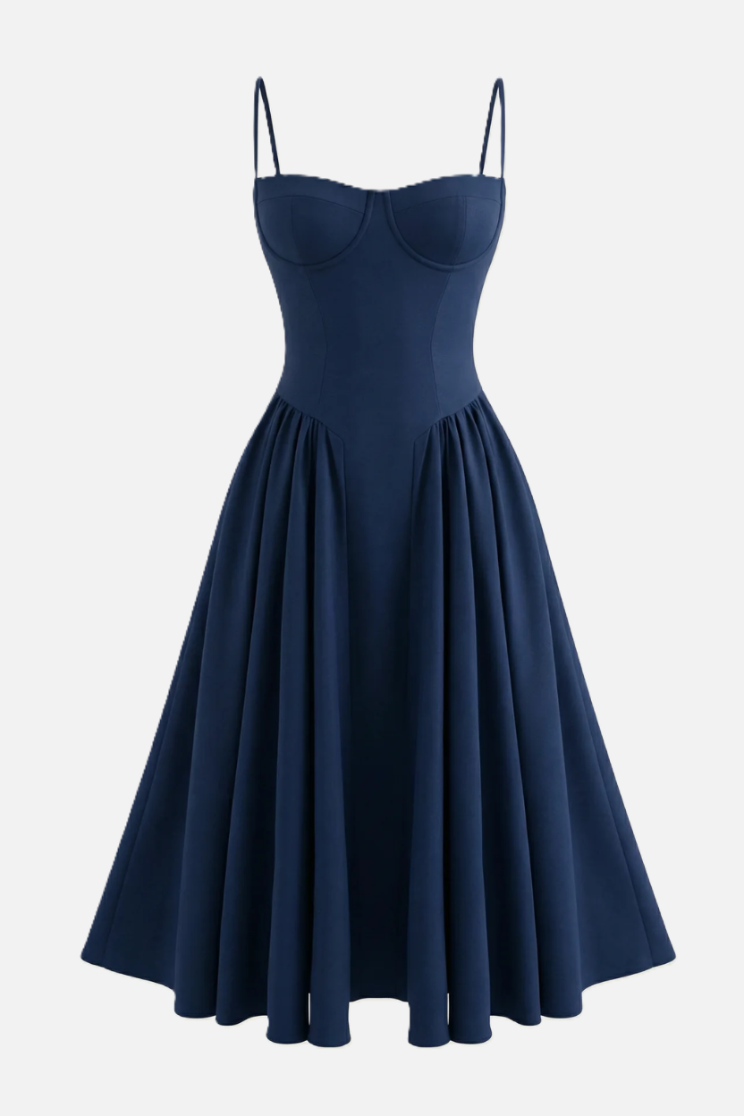 Basque Waist Corset Midi Dress with Spaghetti Straps - Pleated Party Style