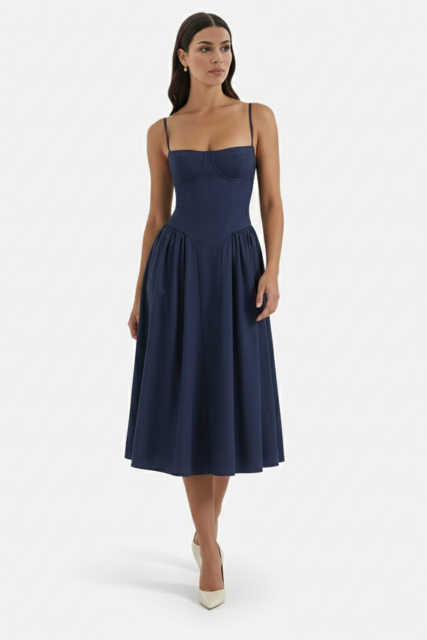 Basque Waist Corset Midi Dress with Spaghetti Straps - Pleated Party Style