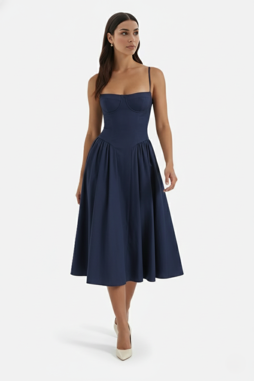 Basque Waist Corset Midi Dress with Spaghetti Straps - Pleated Party Style