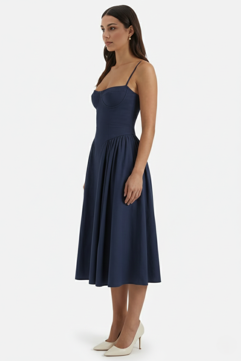 Basque Waist Corset Midi Dress with Spaghetti Straps - Pleated Party Style