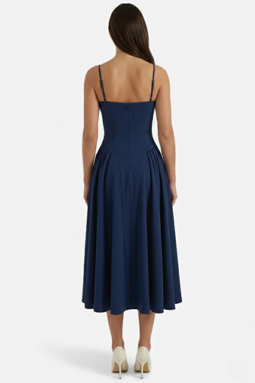 Basque Waist Corset Midi Dress with Spaghetti Straps - Pleated Party Style