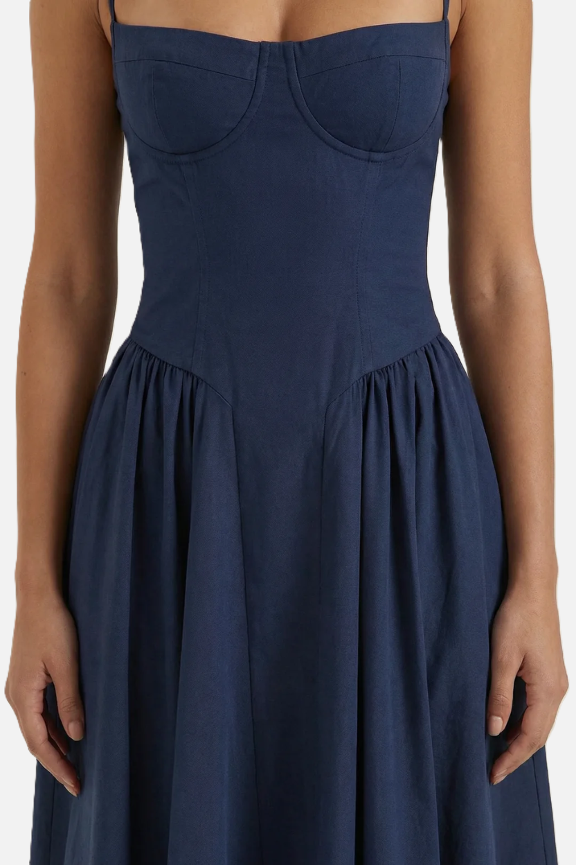 Basque Waist Corset Midi Dress with Spaghetti Straps - Pleated Party Style