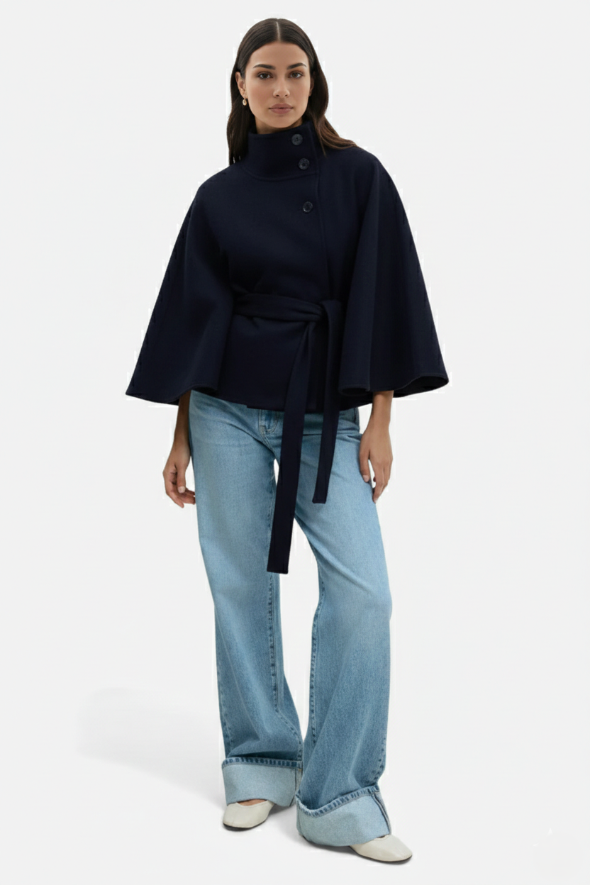 Belted Cape Coat High Neck Button Front