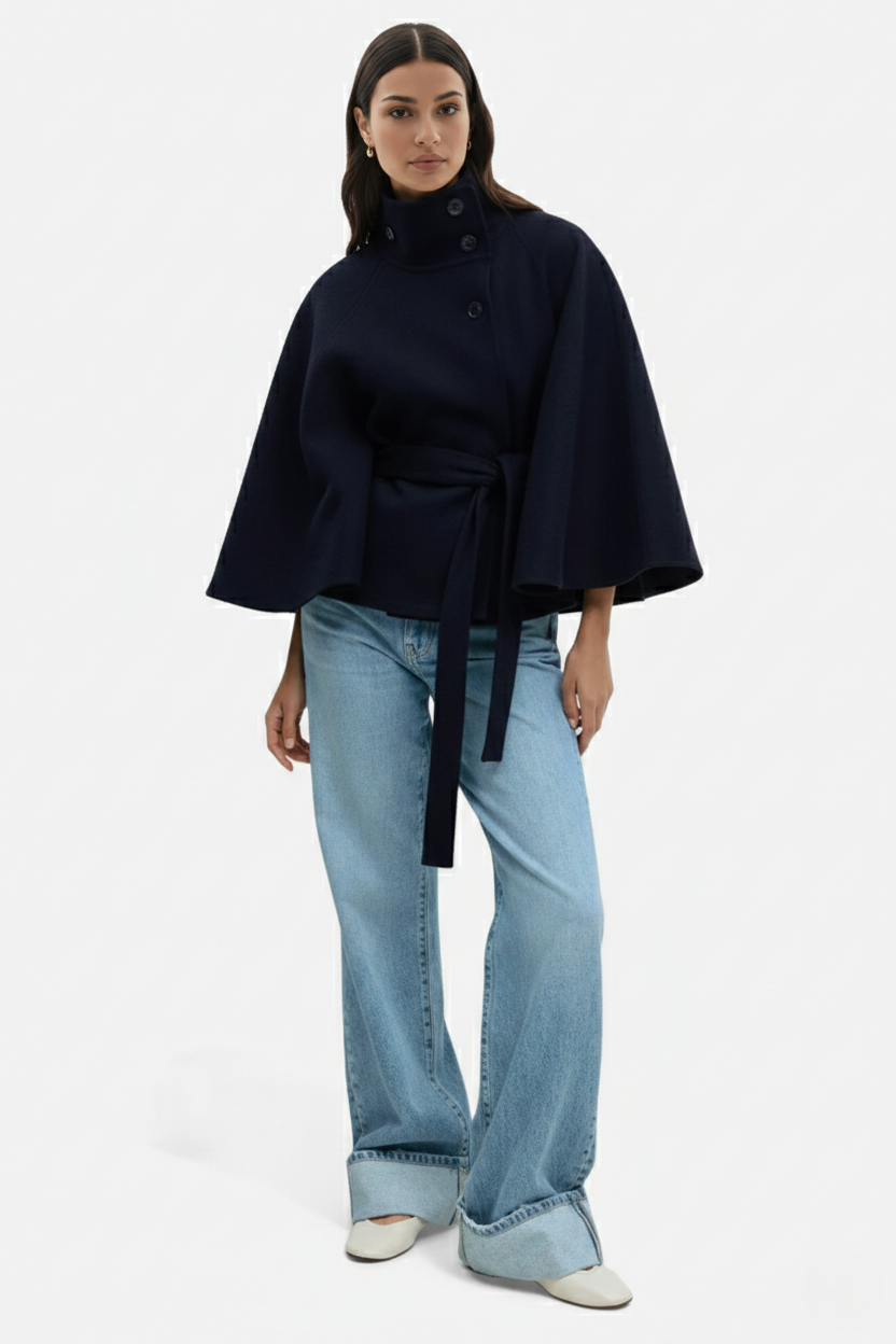 Belted Cape Coat High Neck Button Front