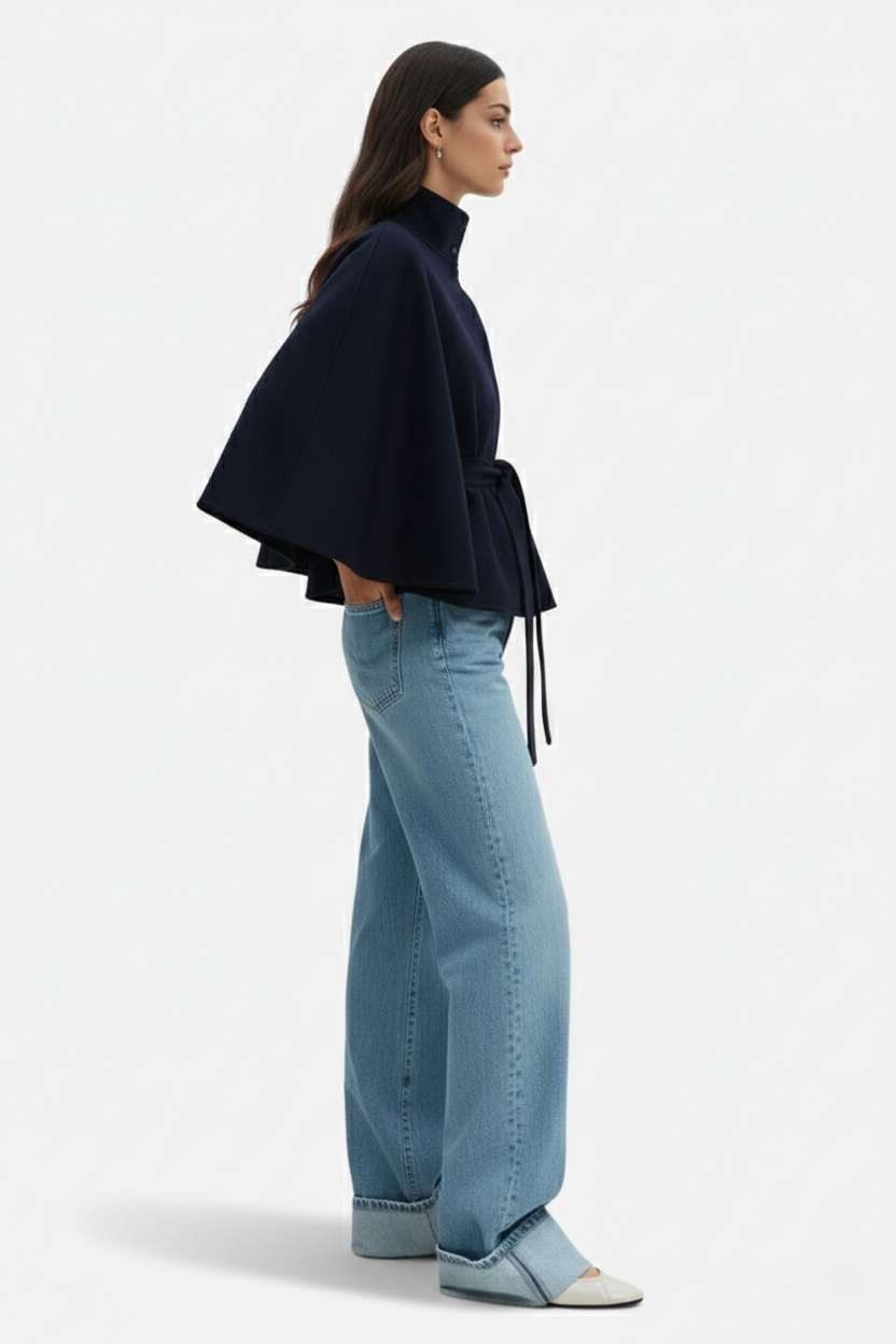 Belted Cape Coat High Neck Button Front