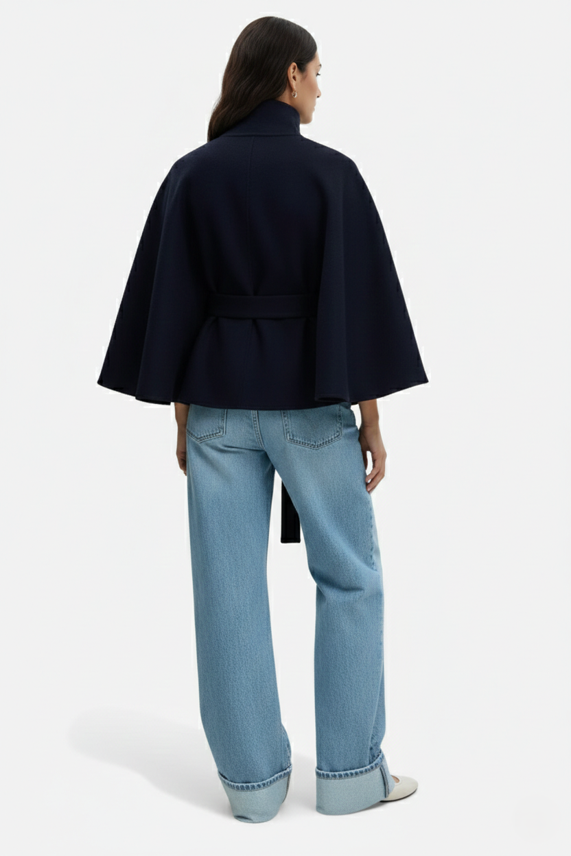 Belted Cape Coat High Neck Button Front