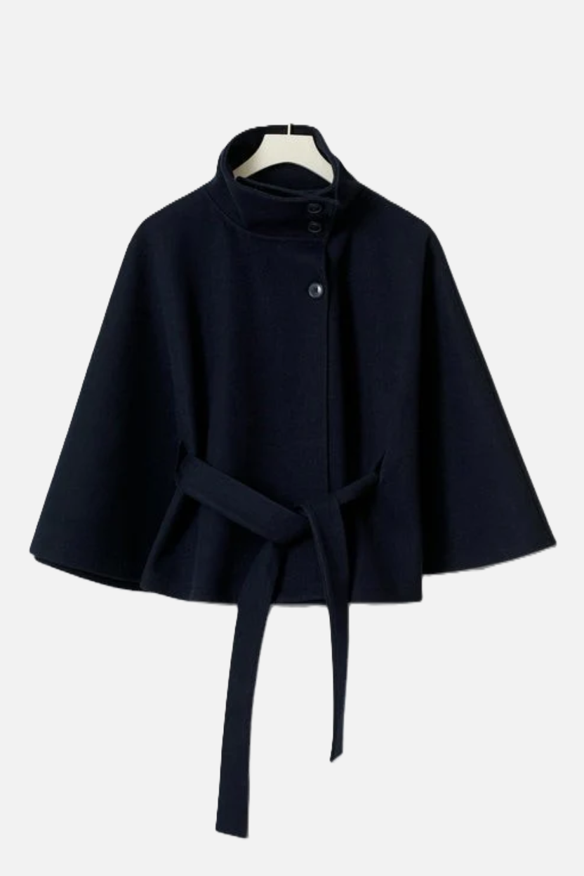 Belted Cape Coat High Neck Button Front