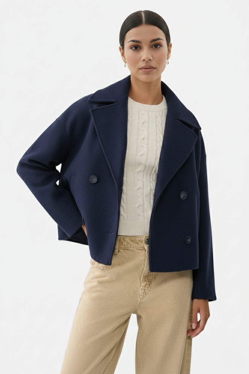 Cropped Double Breasted Blazer Jacket with Wide Lapel