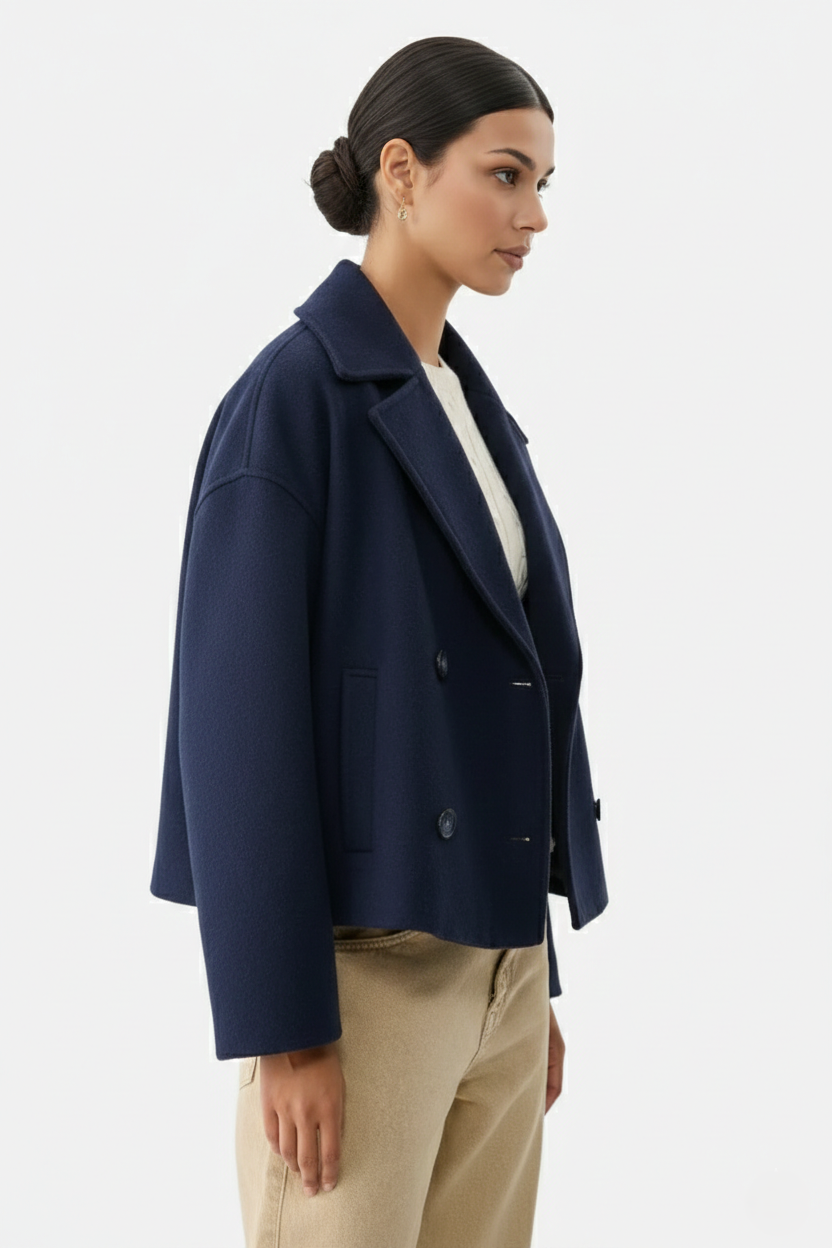 Cropped Double Breasted Blazer Jacket with Wide Lapel