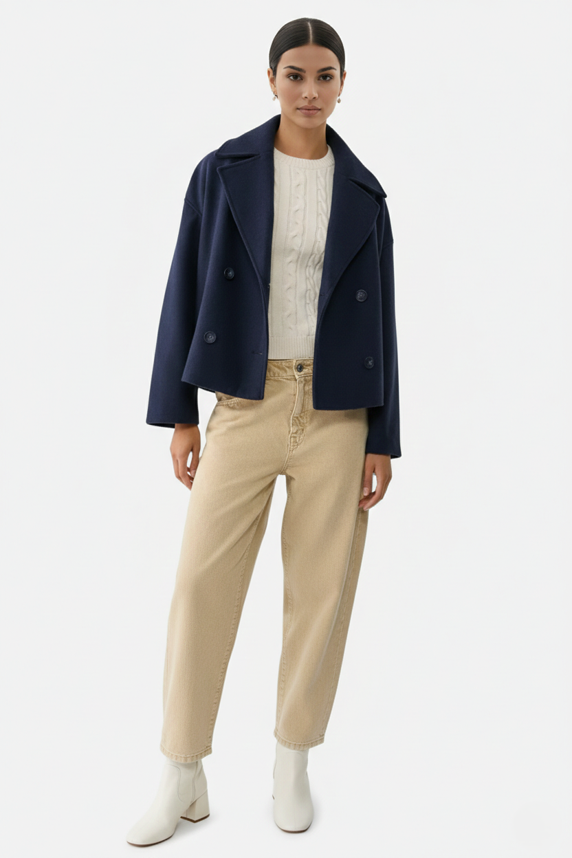 Cropped Double Breasted Blazer Jacket with Wide Lapel