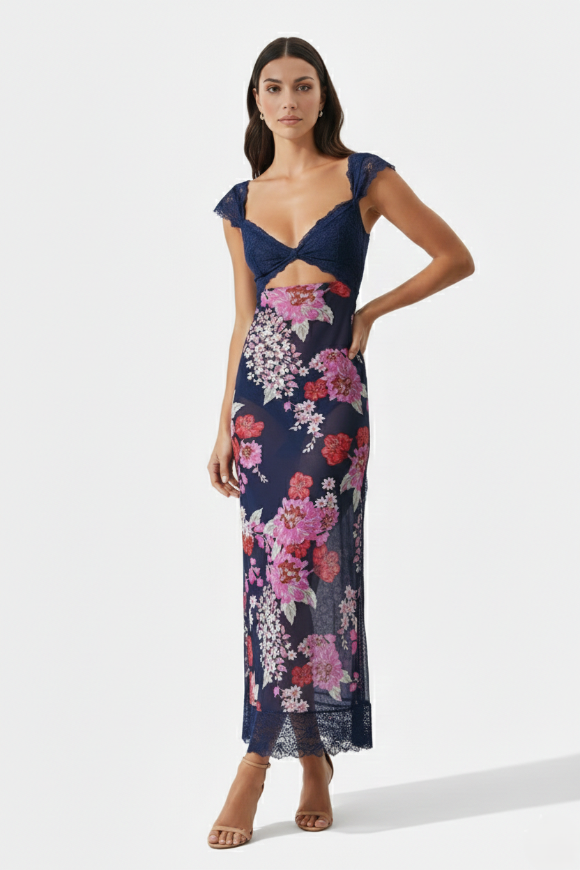 Floral Lace Trim Slip Maxi Dress Side Slit