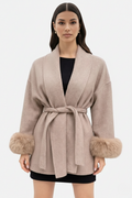 Belted Wrap Wool-Blend Coat Faux Fur Cuff Trim Open Front