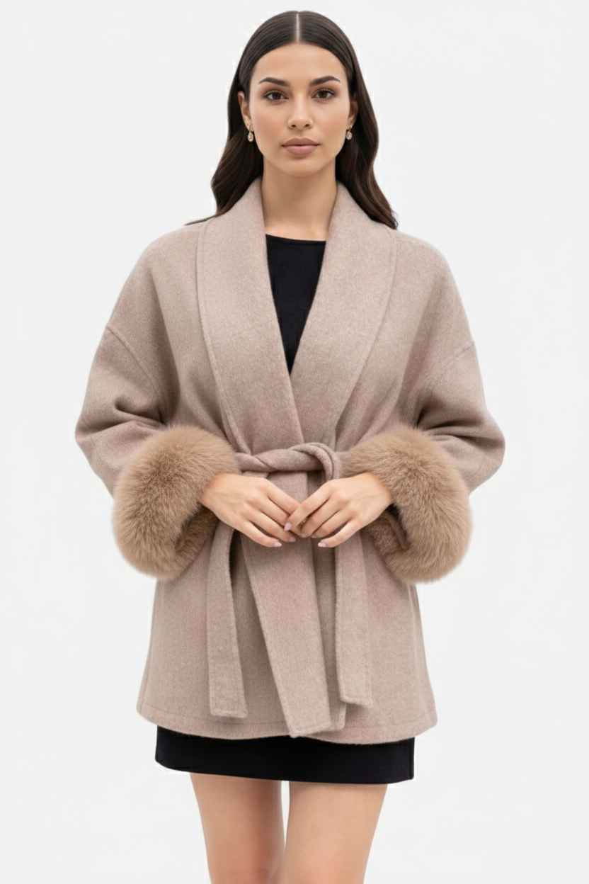 Belted Wrap Wool-Blend Coat Faux Fur Cuff Trim Open Front