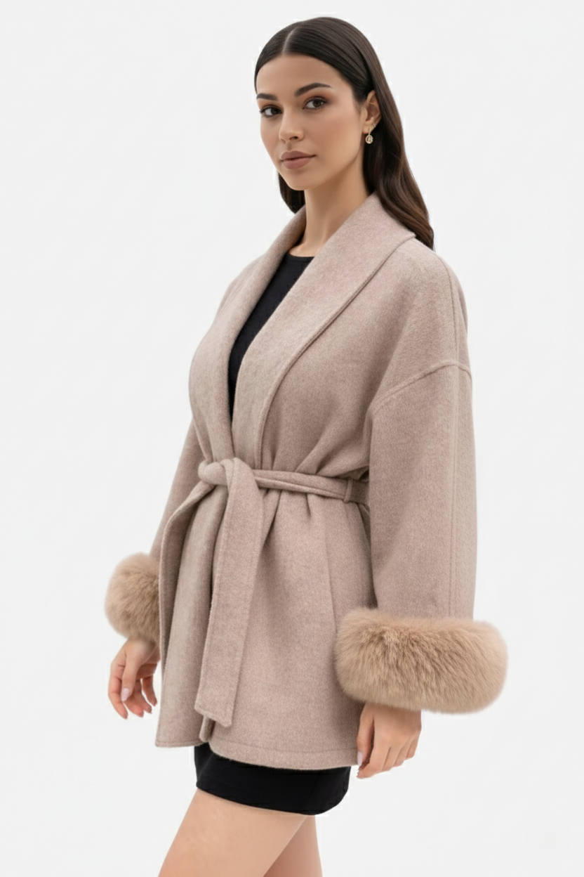 Belted Wrap Wool-Blend Coat Faux Fur Cuff Trim Open Front