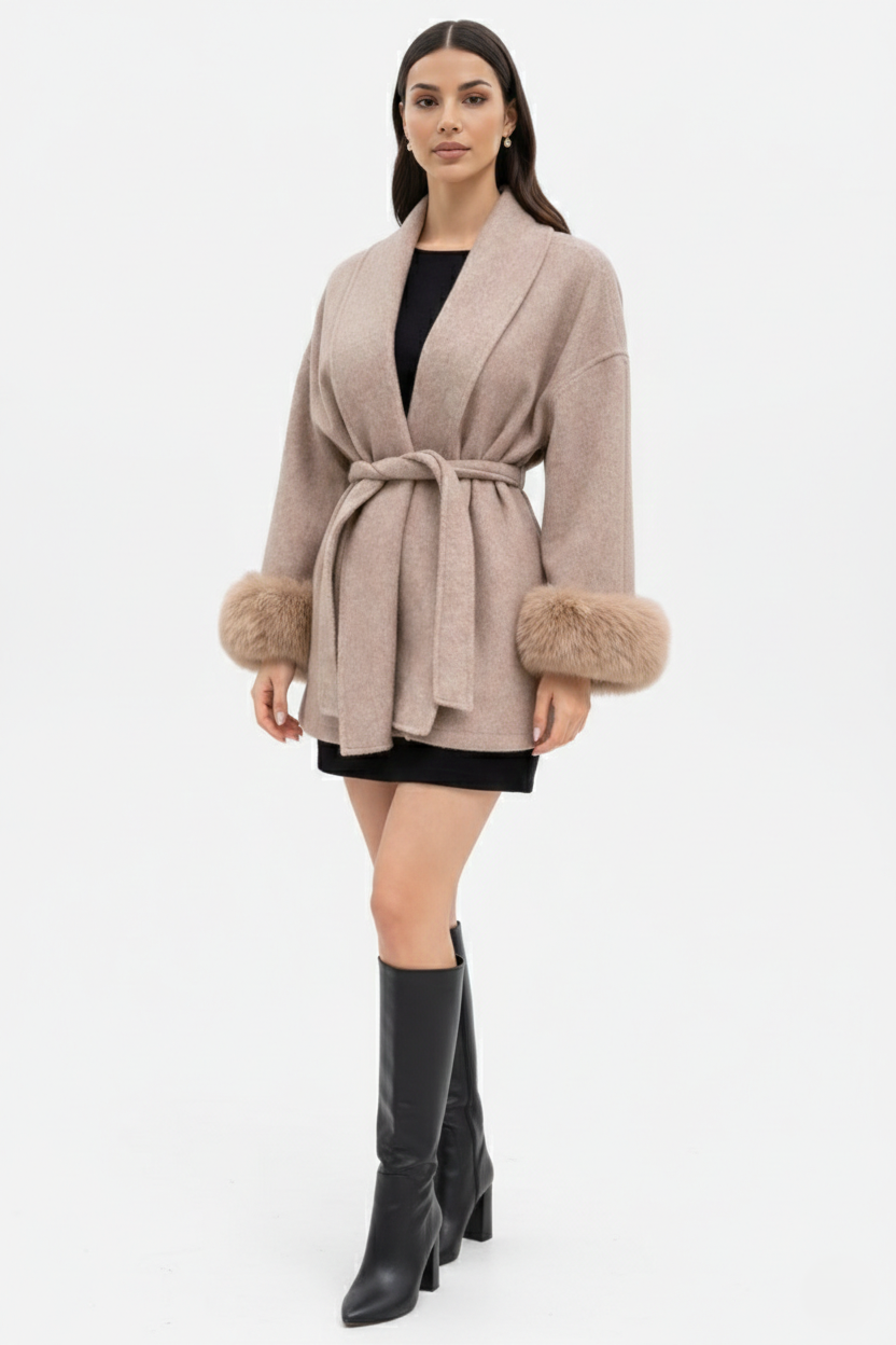 Belted Wrap Wool-Blend Coat Faux Fur Cuff Trim Open Front