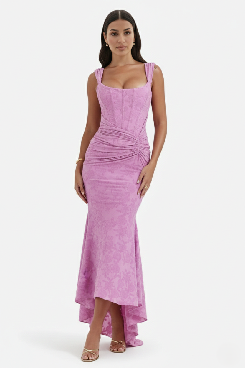 Corset Mermaid Maxi Dress Ruched Draped Wide Straps