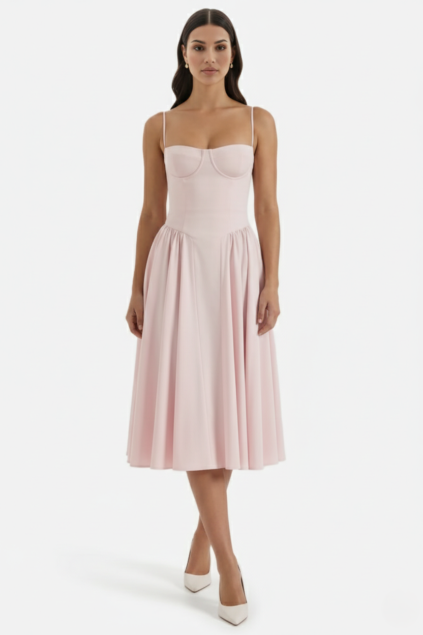 Basque Waist Corset Midi Dress with Spaghetti Straps - Pleated Party Style