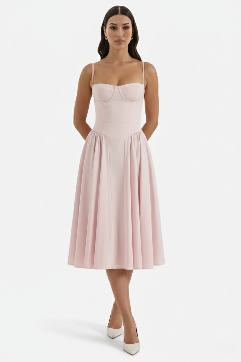 Basque Waist Corset Midi Dress with Spaghetti Straps - Pleated Party Style