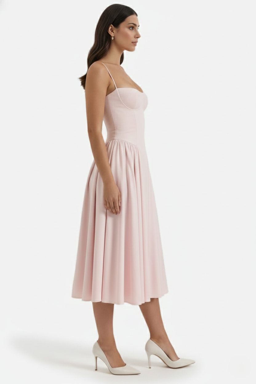 Basque Waist Corset Midi Dress with Spaghetti Straps - Pleated Party Style