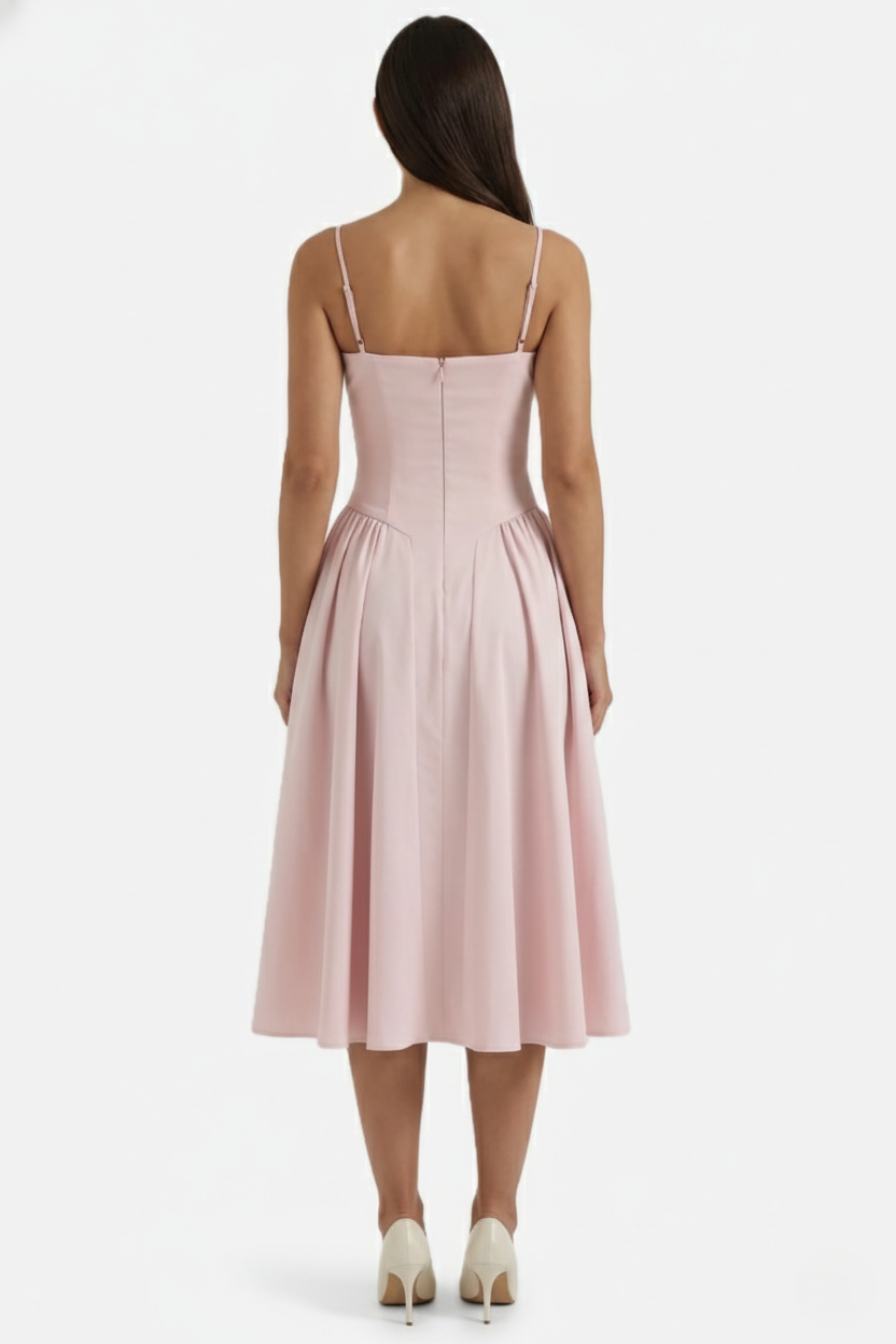 Basque Waist Corset Midi Dress with Spaghetti Straps - Pleated Party Style