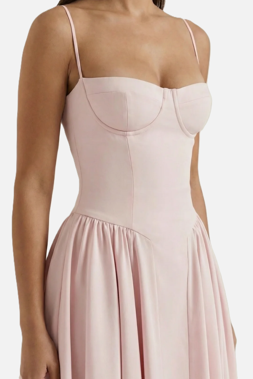 Basque Waist Corset Midi Dress with Spaghetti Straps - Pleated Party Style