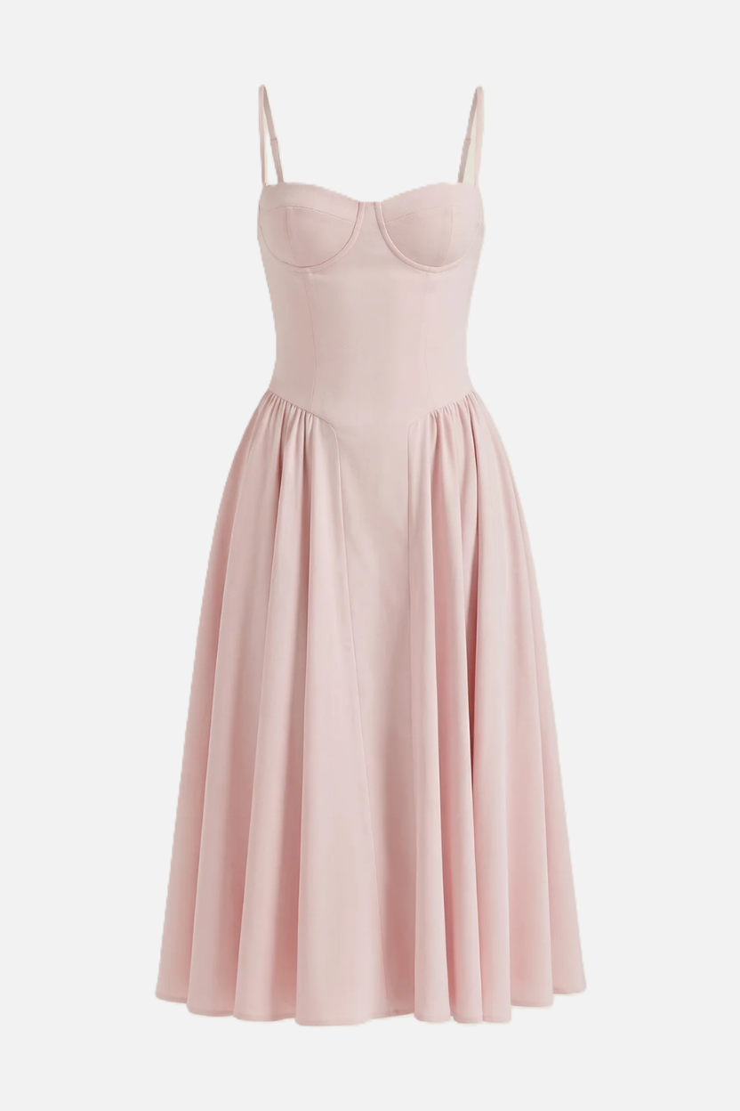 Basque Waist Corset Midi Dress with Spaghetti Straps - Pleated Party Style