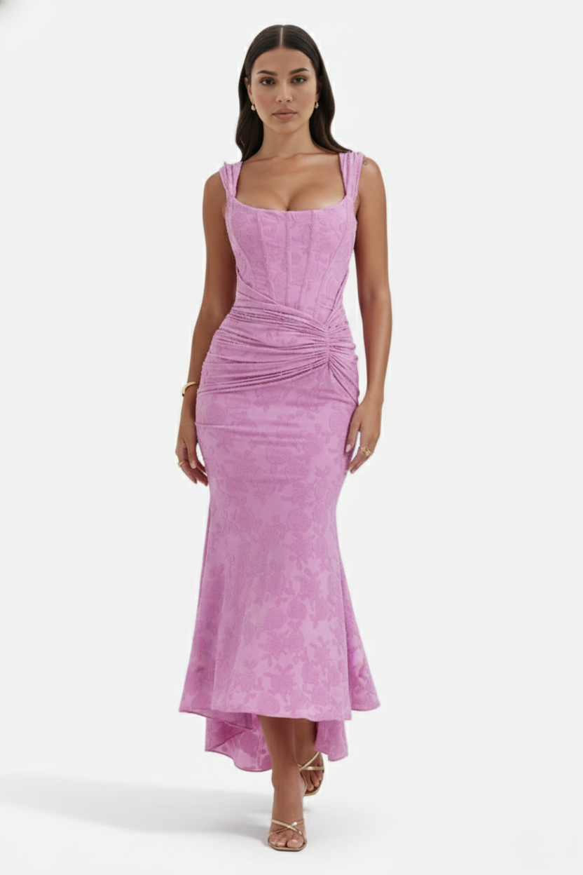 Corset Mermaid Maxi Dress Ruched Draped Wide Straps