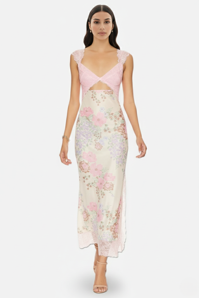 Floral Lace Trim Slip Maxi Dress Side Slit