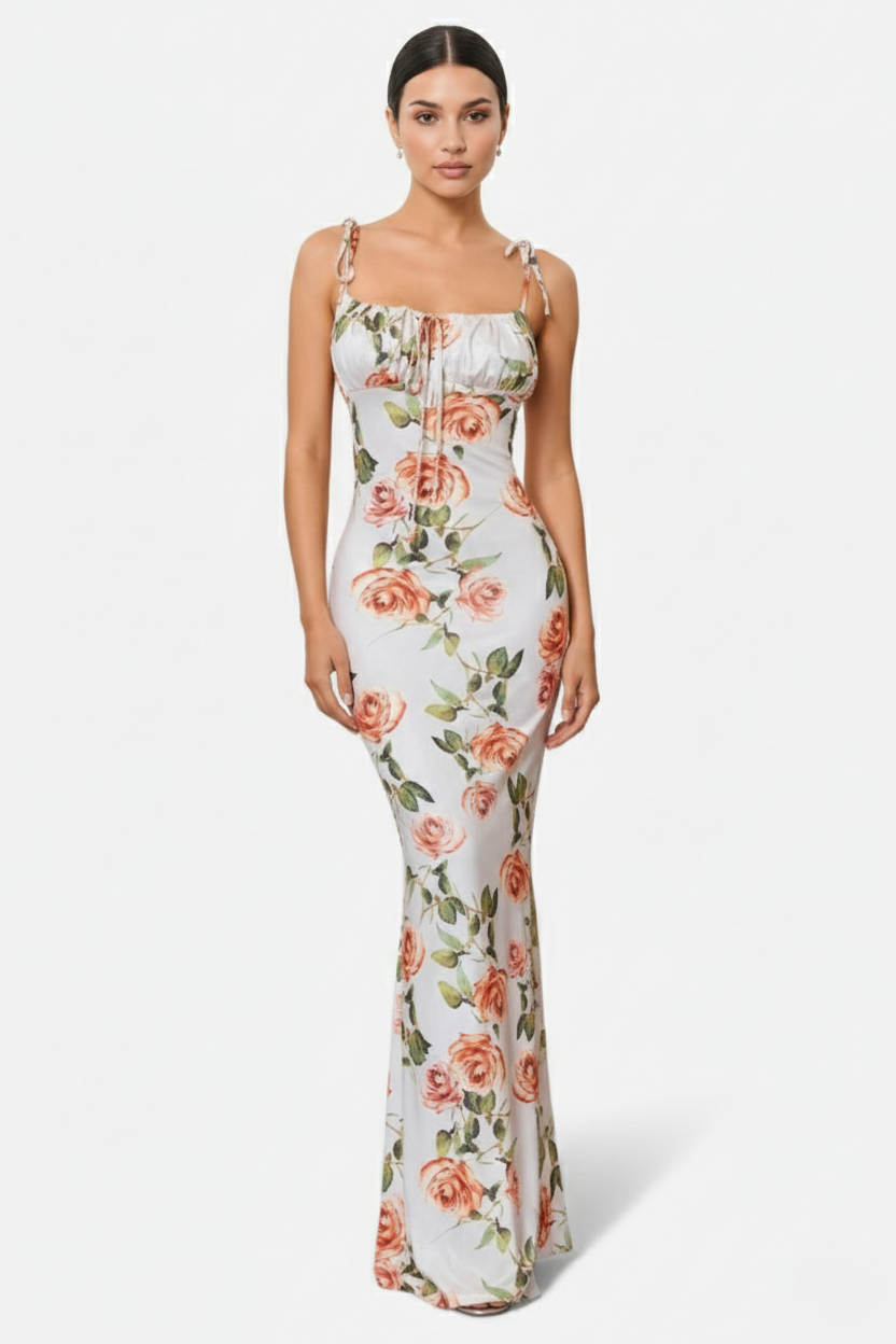 Floral Spaghetti Strap Bodycon Mermaid Maxi Dress Ruched Bodice