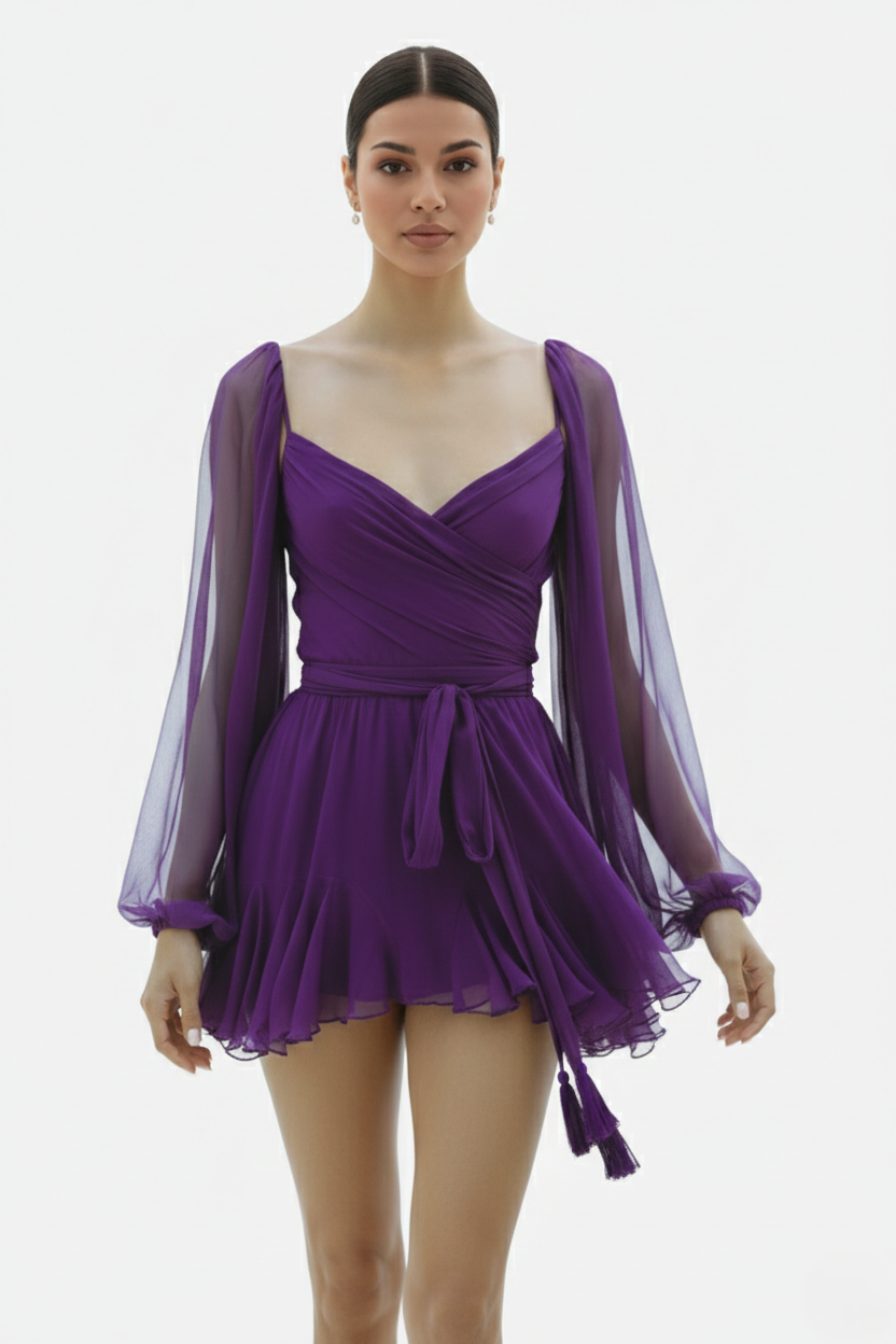 Chiffon Puff Sleeve Lace-Up Back Ruffle Mini Dress