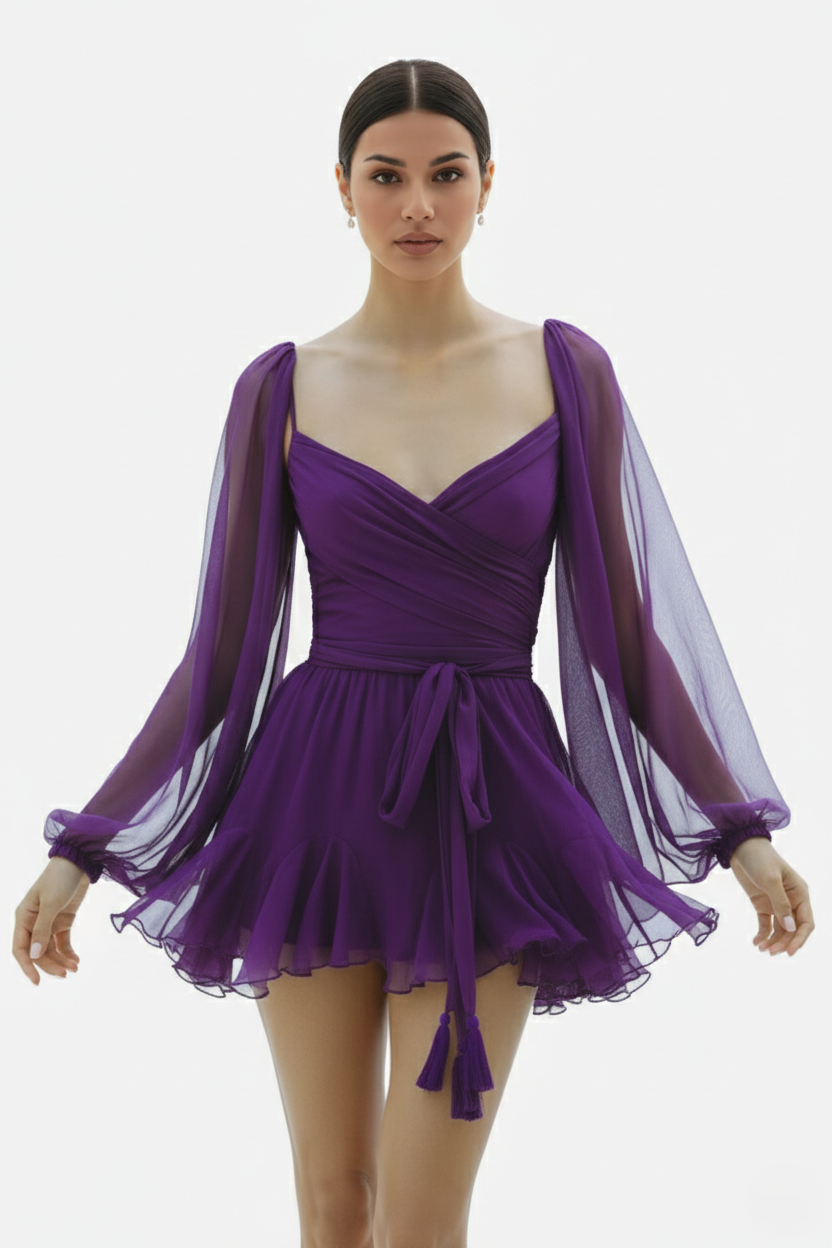 Chiffon Puff Sleeve Lace-Up Back Ruffle Mini Dress