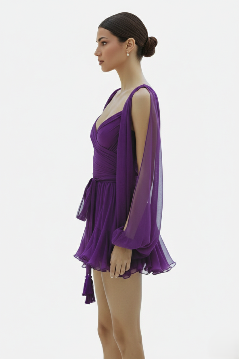 Chiffon Puff Sleeve Lace-Up Back Ruffle Mini Dress