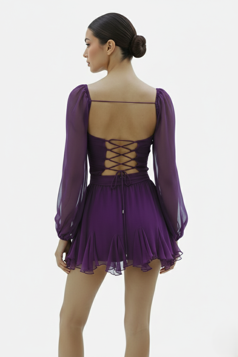 Chiffon Puff Sleeve Lace-Up Back Ruffle Mini Dress