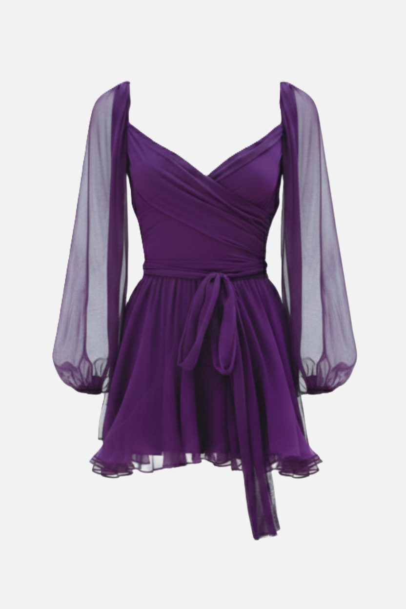 Chiffon Puff Sleeve Lace-Up Back Ruffle Mini Dress