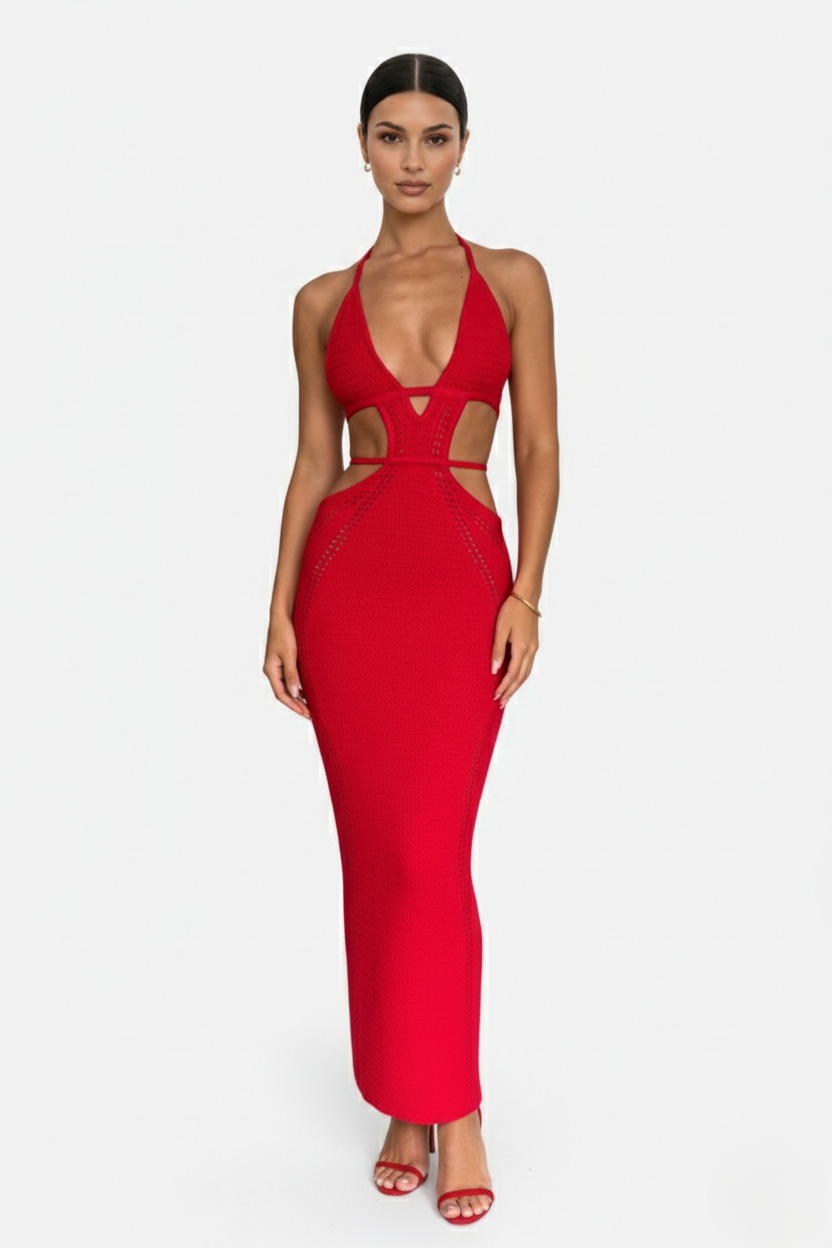 Crochet Cutout Halter Neck Backless Bodycon Maxi Dress 