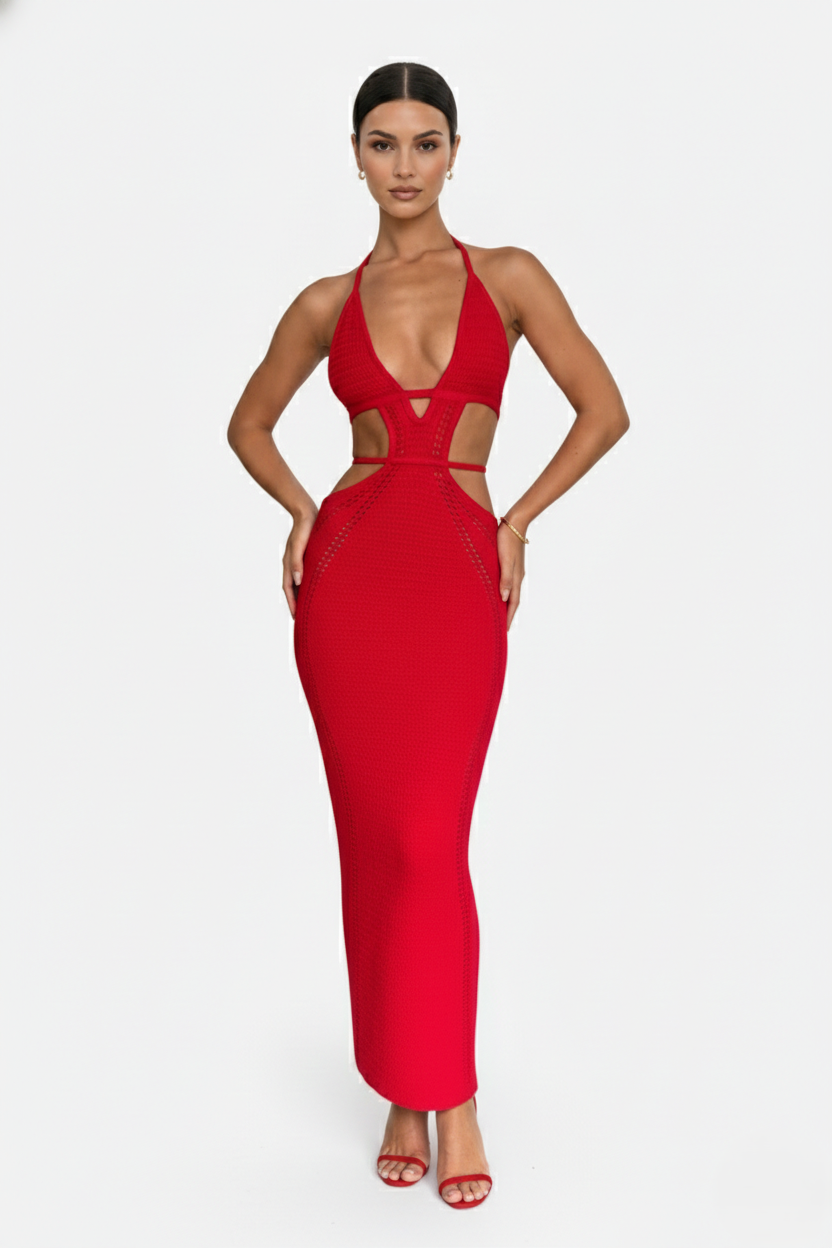 Crochet Cutout Halter Neck Backless Bodycon Maxi Dress 