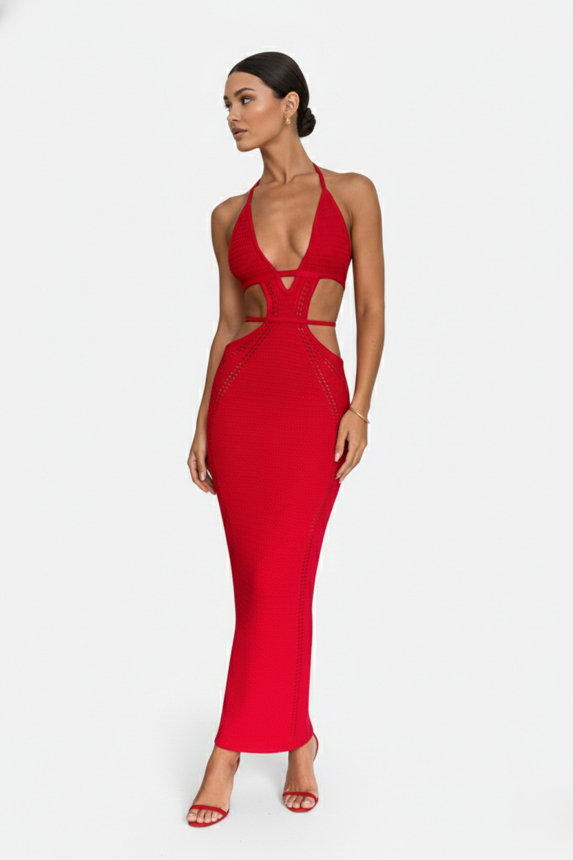 Crochet Cutout Halter Neck Backless Bodycon Maxi Dress 
