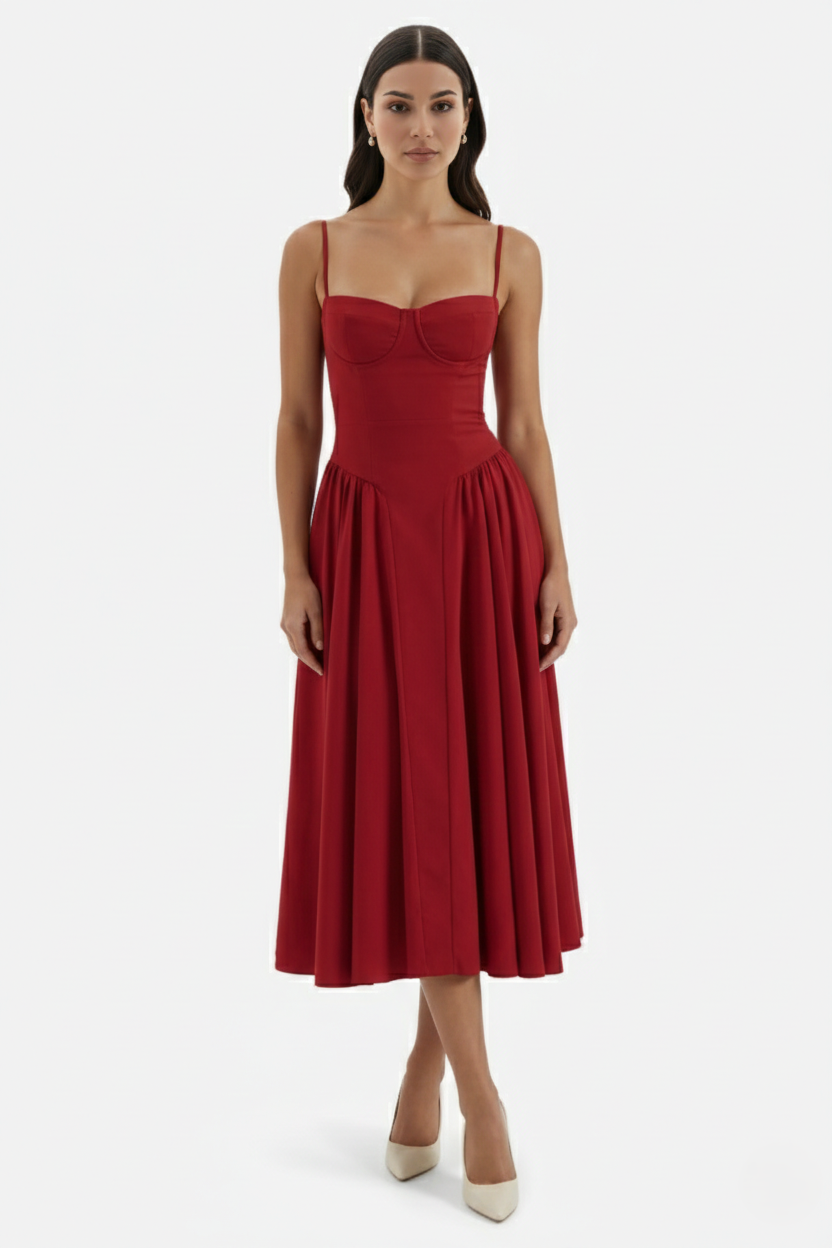 Basque Waist Corset Midi Dress with Spaghetti Straps - Pleated Party Style