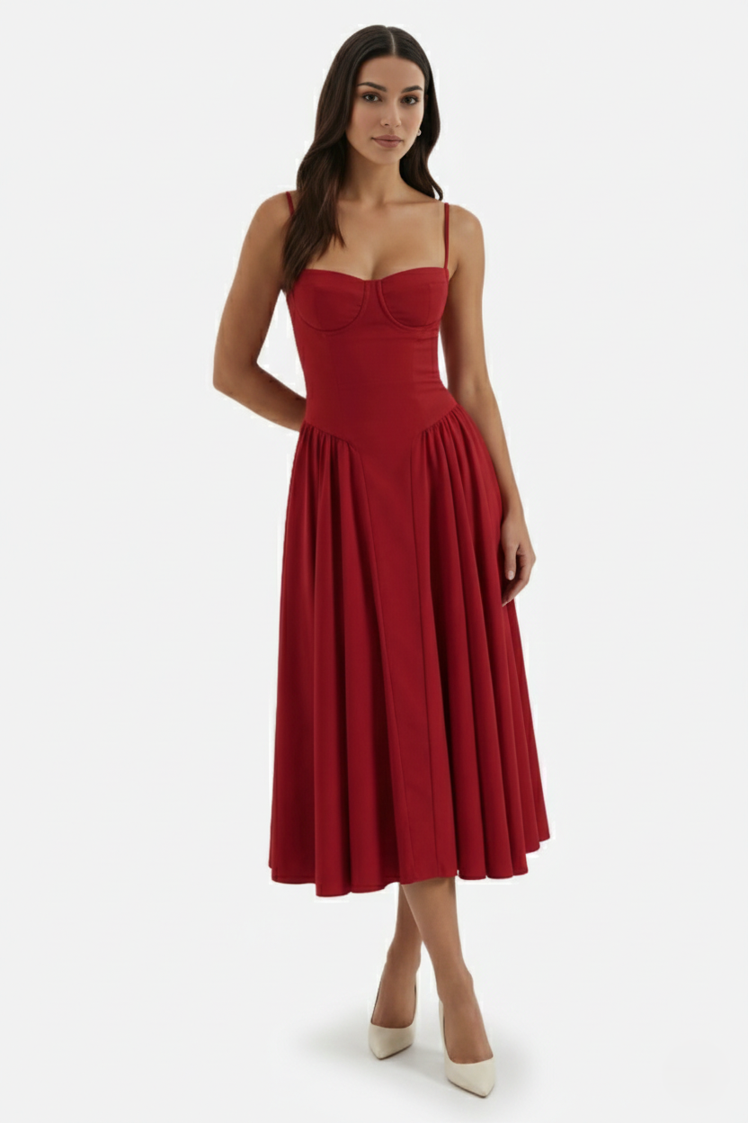 Basque Waist Corset Midi Dress with Spaghetti Straps - Pleated Party Style