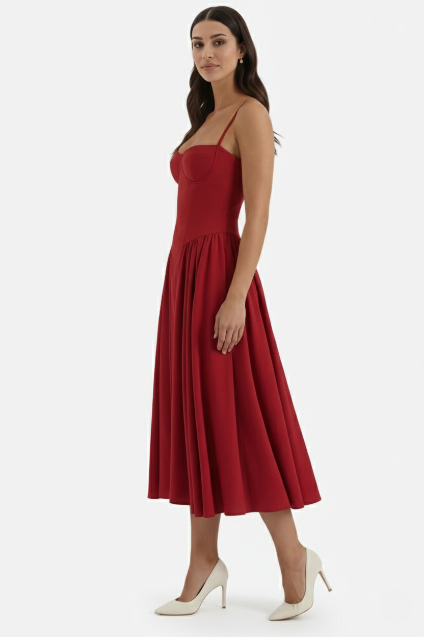 Basque Waist Corset Midi Dress with Spaghetti Straps - Pleated Party Style