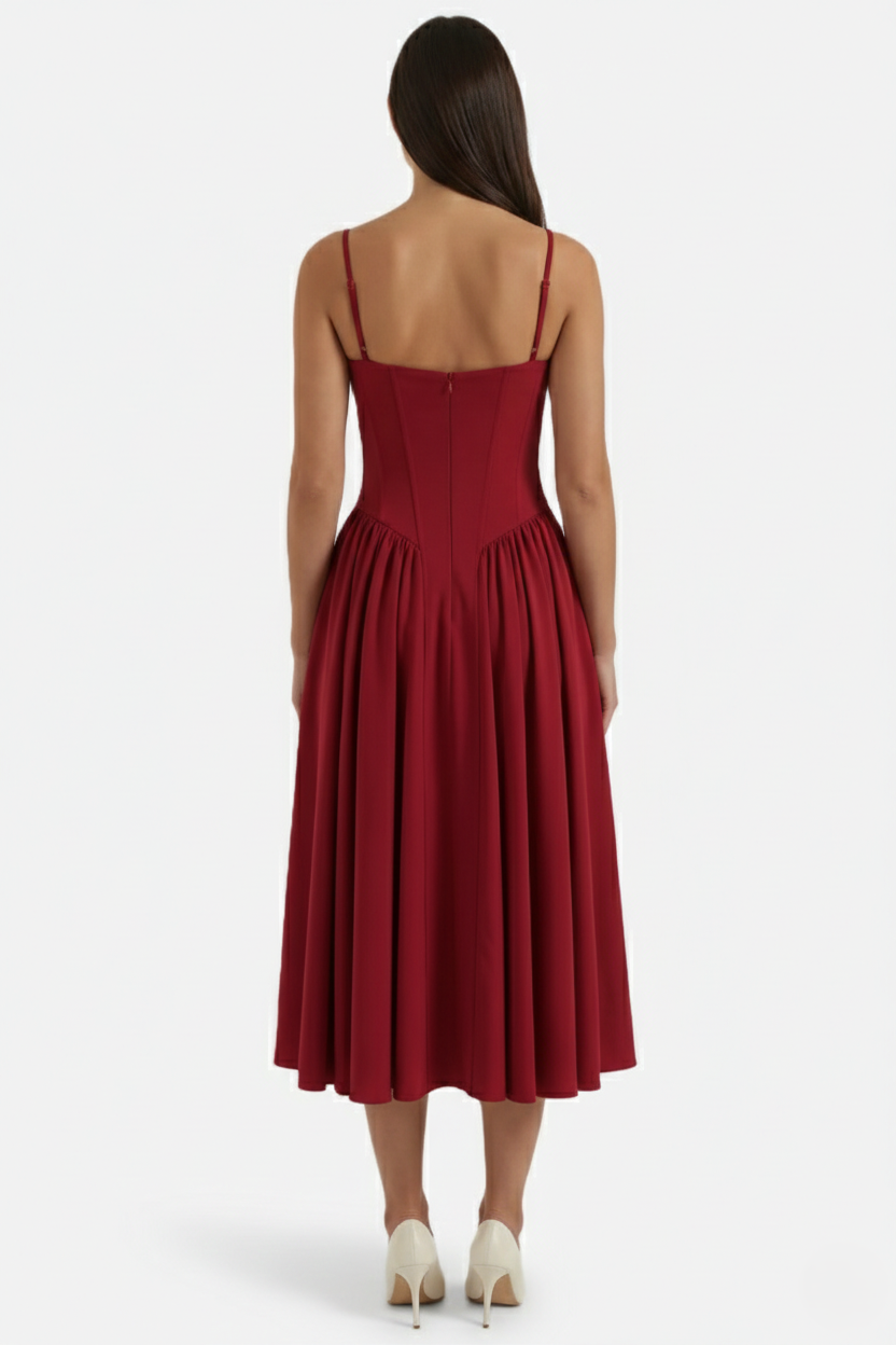 Basque Waist Corset Midi Dress with Spaghetti Straps - Pleated Party Style